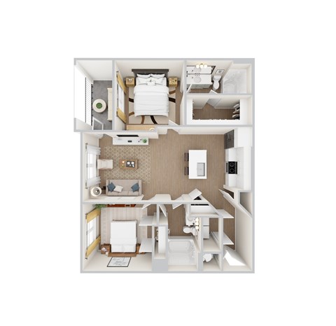 A top-down view of a small, neatly organized apartment with a bedroom, living room, and kitchen.